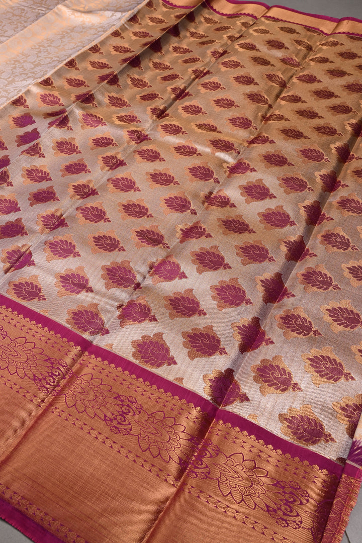 Gold-Ivory Tissue Kanjivaram Soft Semi Silk Saree with Floral Brocade Jaal and Contrast Wide Zari Border | SHOBITAM