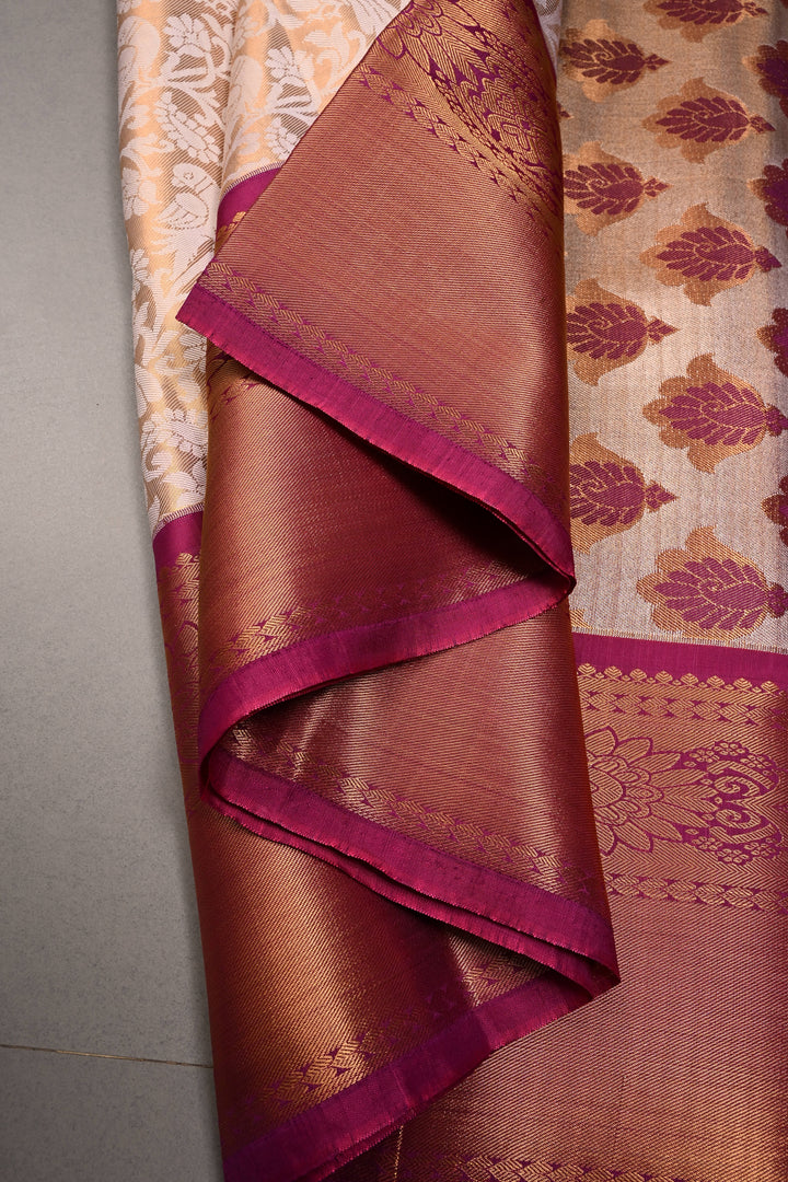 Gold-Ivory Tissue Kanjivaram Soft Semi Silk Saree with Floral Brocade Jaal and Contrast Wide Zari Border | SHOBITAM