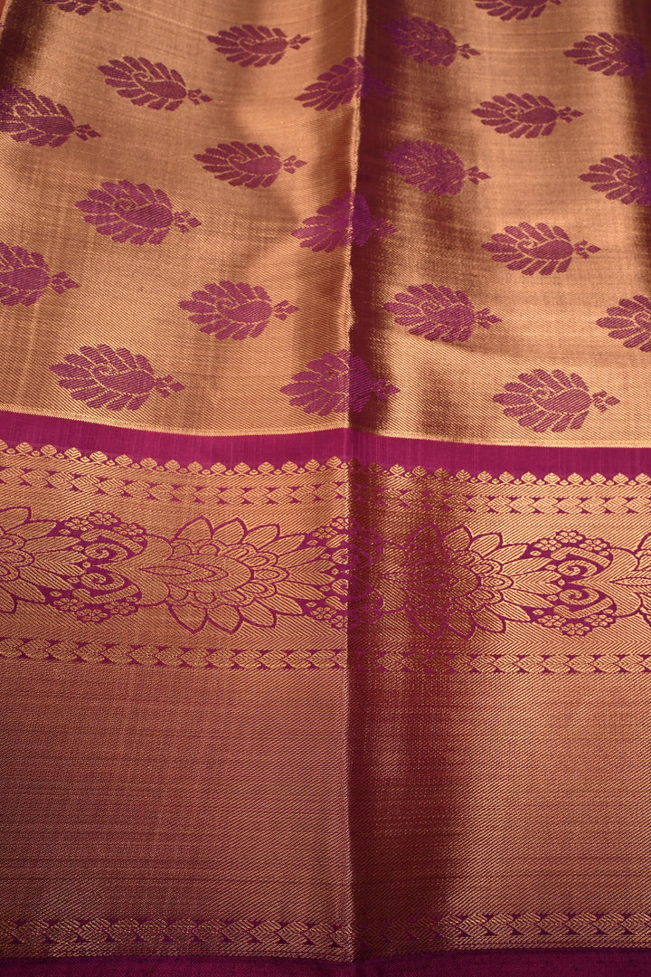 Gold-Ivory Tissue Kanjivaram Soft Semi Silk Saree with Floral Brocade Jaal and Contrast Wide Zari Border | SHOBITAM
