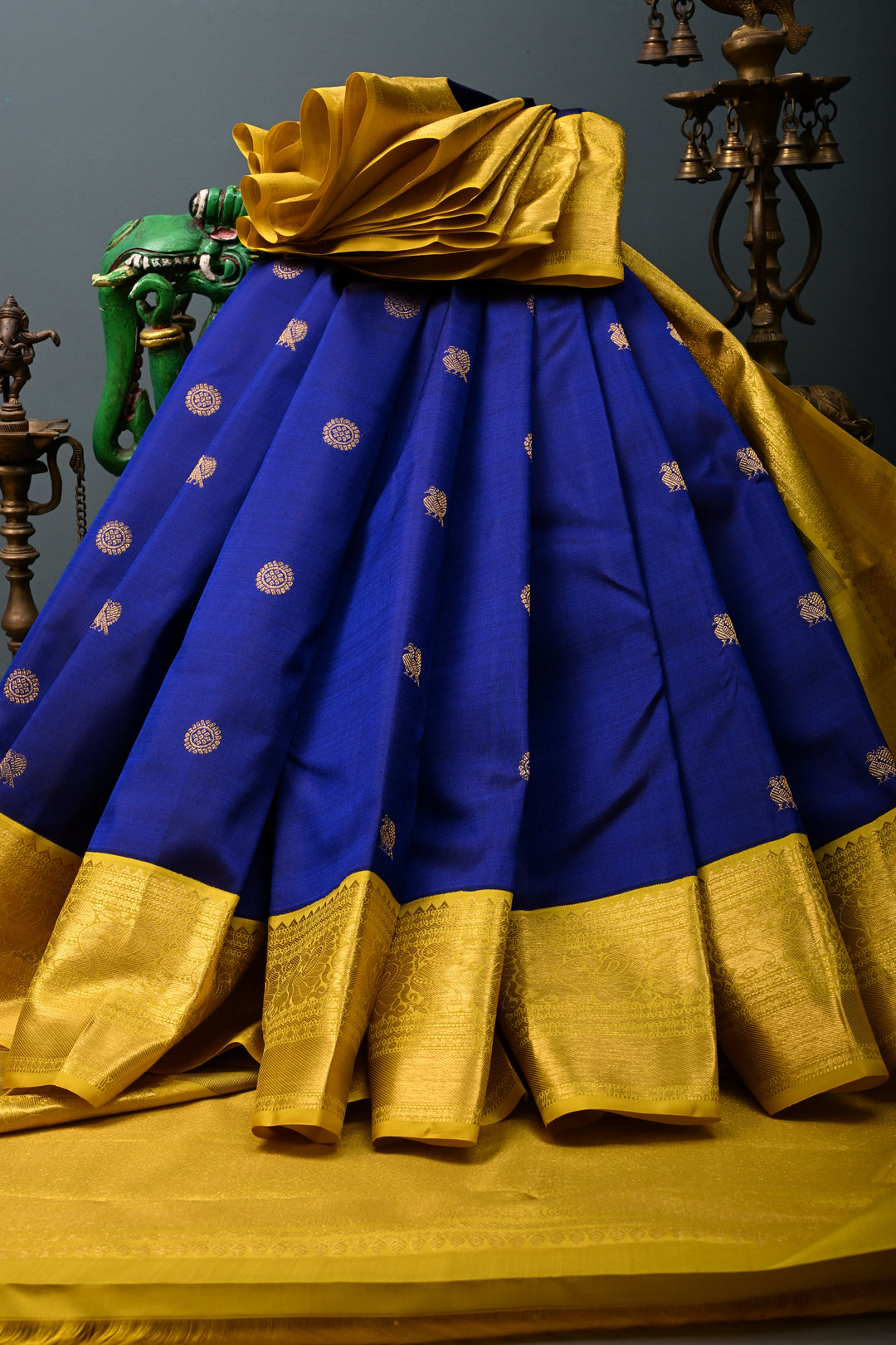 Ink Blue  Korvai Pure Kanjivaram Silk Saree with Zari Buttas and Contrast Zari Border | SILK MARK CERTIFIED | SHOBITAM
