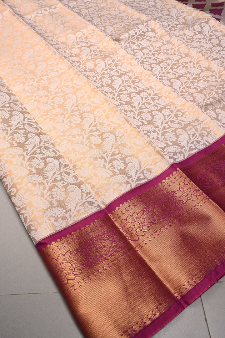 Gold-Ivory Tissue Kanjivaram Soft Semi Silk Saree with Floral Brocade Jaal and Contrast Wide Zari Border | SHOBITAM
