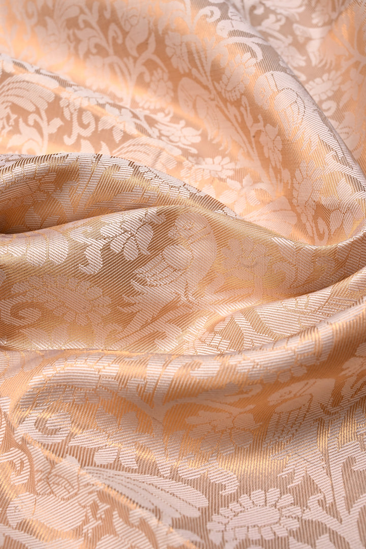 Gold-Ivory Tissue Kanjivaram Soft Semi Silk Saree with Floral Brocade Jaal and Contrast Wide Zari Border | SHOBITAM