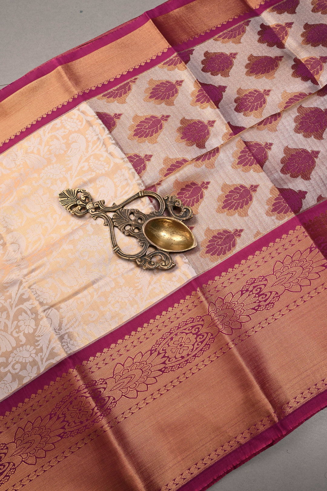 Gold-Ivory Tissue Kanjivaram Soft Semi Silk Saree with Floral Brocade Jaal and Contrast Wide Zari Border | SHOBITAM