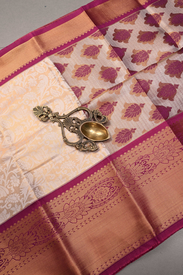Gold-Ivory Tissue Kanjivaram Soft Semi Silk Saree with Floral Brocade Jaal and Contrast Wide Zari Border | SHOBITAM