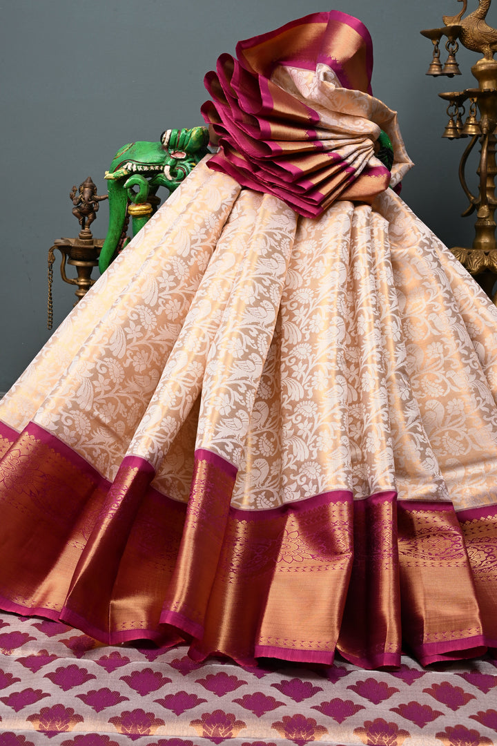 Gold-Ivory Tissue Kanjivaram Soft Semi Silk Saree with Floral Brocade Jaal and Contrast Wide Zari Border | SHOBITAM