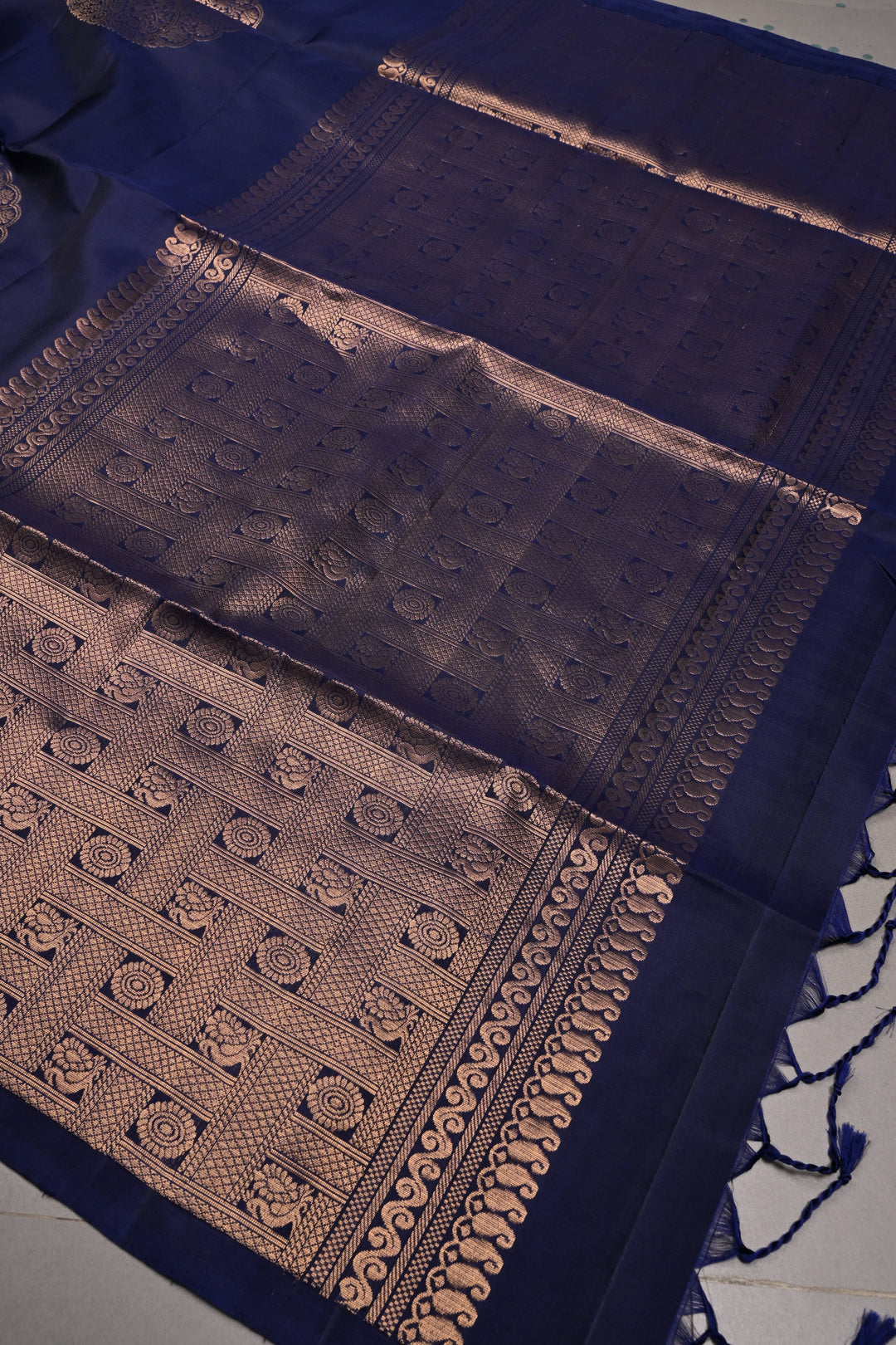 Ink Blue Borderless Kanjivaram Soft Silk Saree with Peacock Medallion Zari Buttas  | SILK MARK CERTIFIED | SHOBITAM