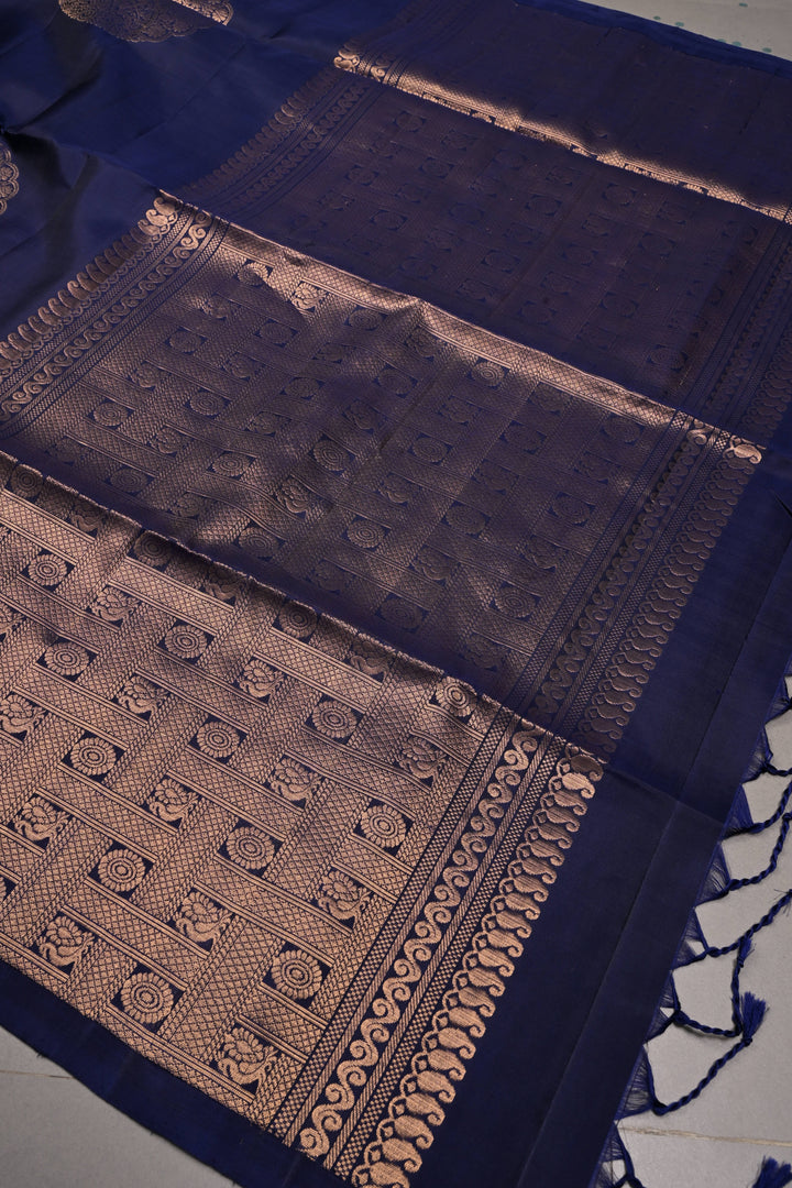 Ink Blue Borderless Kanjivaram Soft Silk Saree with Peacock Medallion Zari Buttas  | SILK MARK CERTIFIED | SHOBITAM