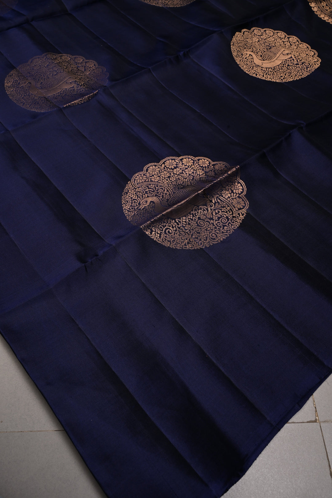 Ink Blue Borderless Kanjivaram Soft Silk Saree with Peacock Medallion Zari Buttas  | SILK MARK CERTIFIED | SHOBITAM