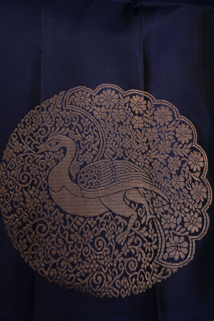 Ink Blue Borderless Kanjivaram Soft Silk Saree with Peacock Medallion Zari Buttas  | SILK MARK CERTIFIED | SHOBITAM