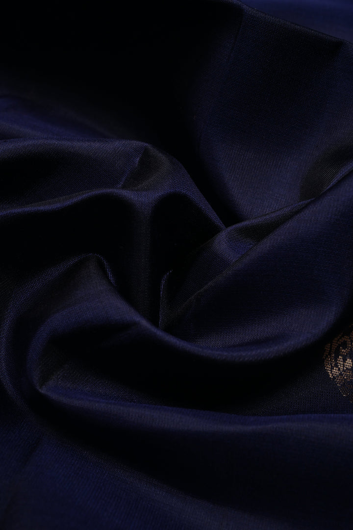 Ink Blue Borderless Kanjivaram Soft Silk Saree with Peacock Medallion Zari Buttas  | SILK MARK CERTIFIED | SHOBITAM