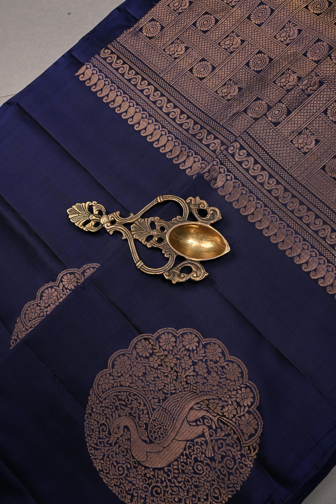 Ink Blue Borderless Kanjivaram Soft Silk Saree with Peacock Medallion Zari Buttas  | SILK MARK CERTIFIED | SHOBITAM