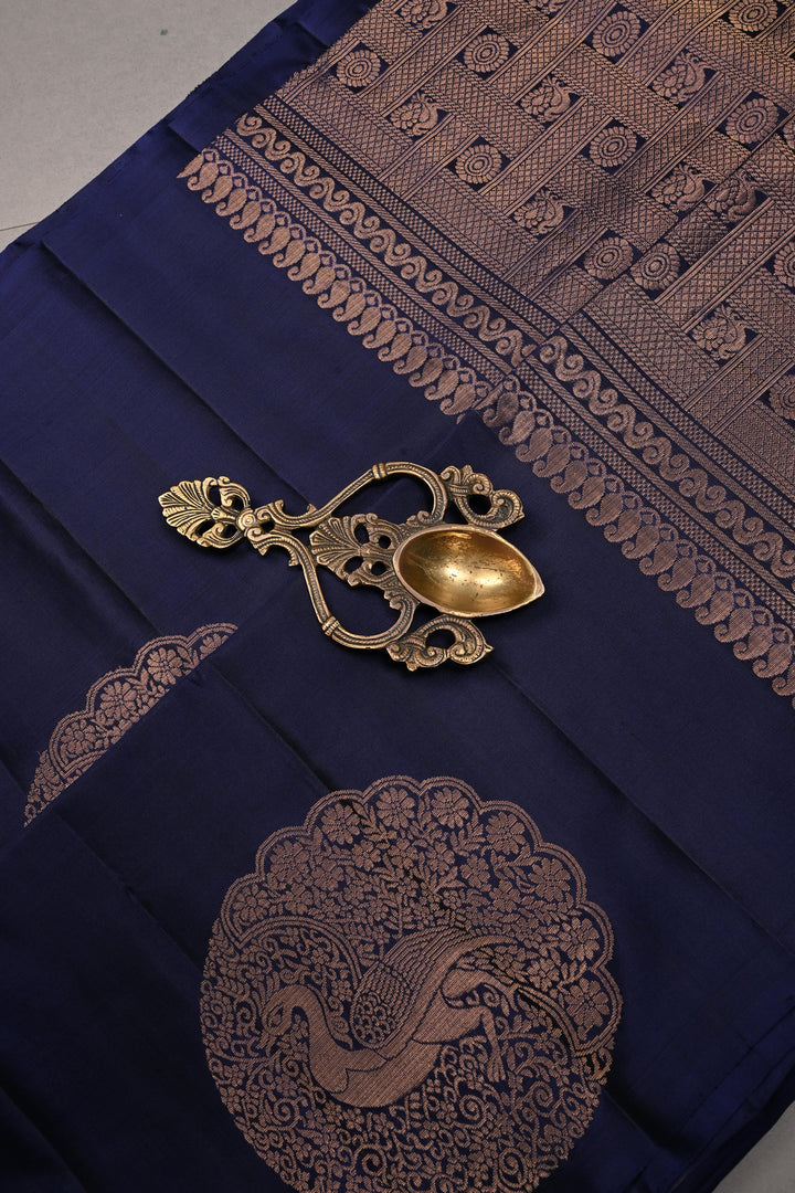 Ink Blue Borderless Kanjivaram Soft Silk Saree with Peacock Medallion Zari Buttas  | SILK MARK CERTIFIED | SHOBITAM