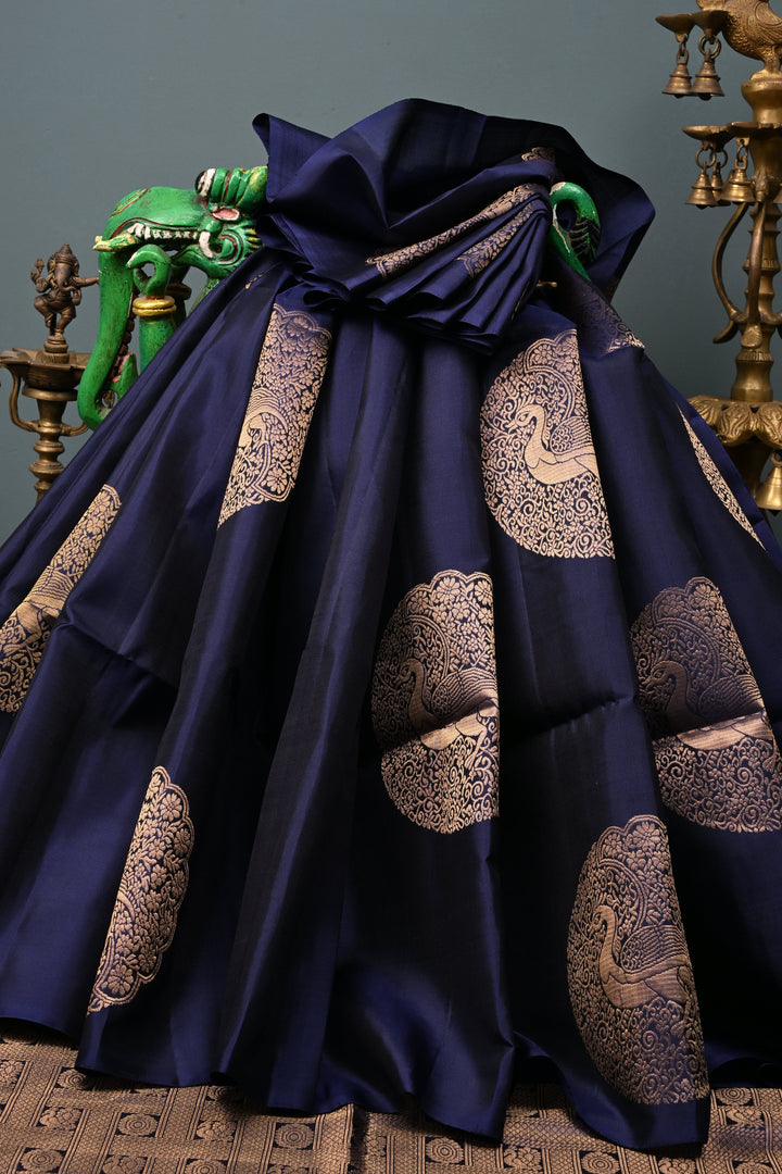 Ink Blue Borderless Kanjivaram Soft Silk Saree with Peacock Medallion Zari Buttas  | SILK MARK CERTIFIED | SHOBITAM