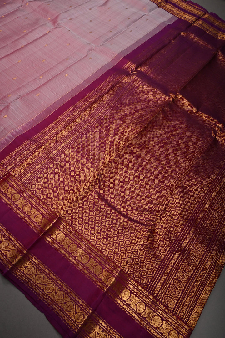 Dusty Mauve Pure Gadwal Silk Saree with Zari Buttis and Contrast Rettaipet Zari Border | SILK MARK CERTIFIED |SHOBITAM