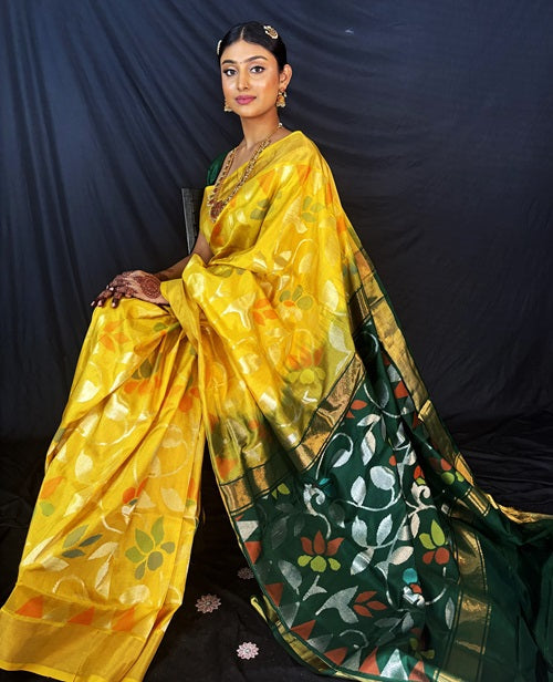 EkaParnika - Yellow Handwoven Jamdani Silk Saree | SILK MARK CERTIFIED | SHOBITAM