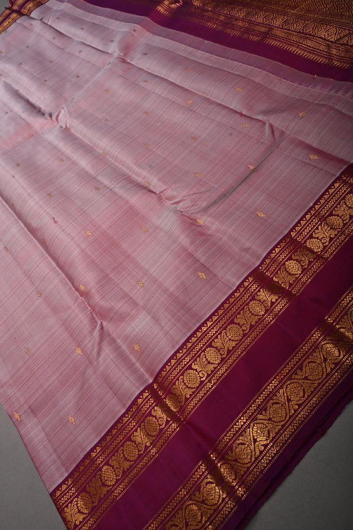 Dusty Mauve Pure Gadwal Silk Saree with Zari Buttis and Contrast Rettaipet Zari Border | SILK MARK CERTIFIED |SHOBITAM