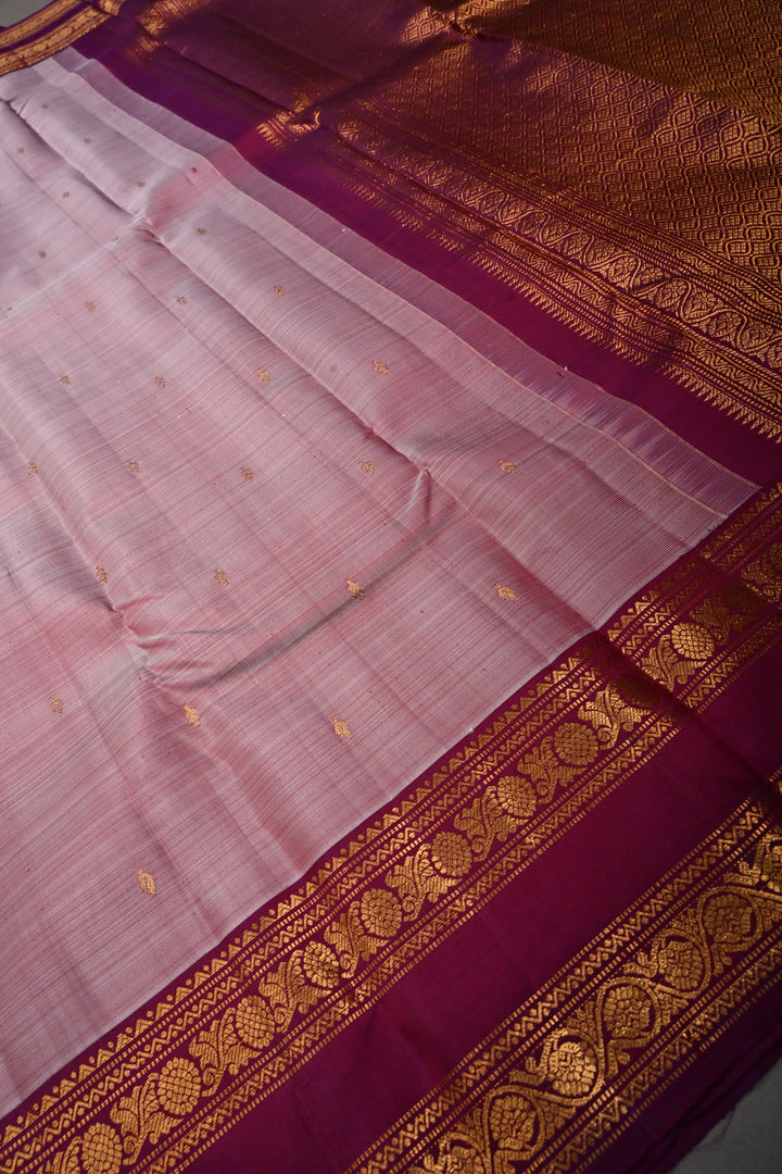 Dusty Mauve Pure Gadwal Silk Saree with Zari Buttis and Contrast Rettaipet Zari Border | SILK MARK CERTIFIED |SHOBITAM