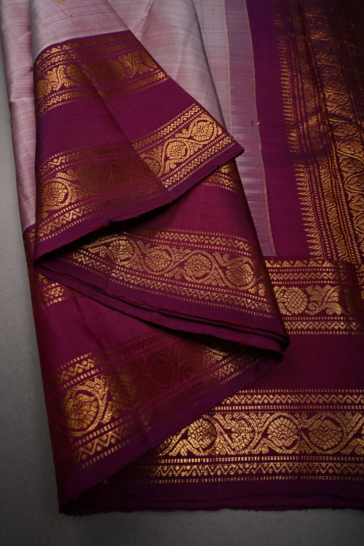 Dusty Mauve Pure Gadwal Silk Saree with Zari Buttis and Contrast Rettaipet Zari Border | SILK MARK CERTIFIED |SHOBITAM