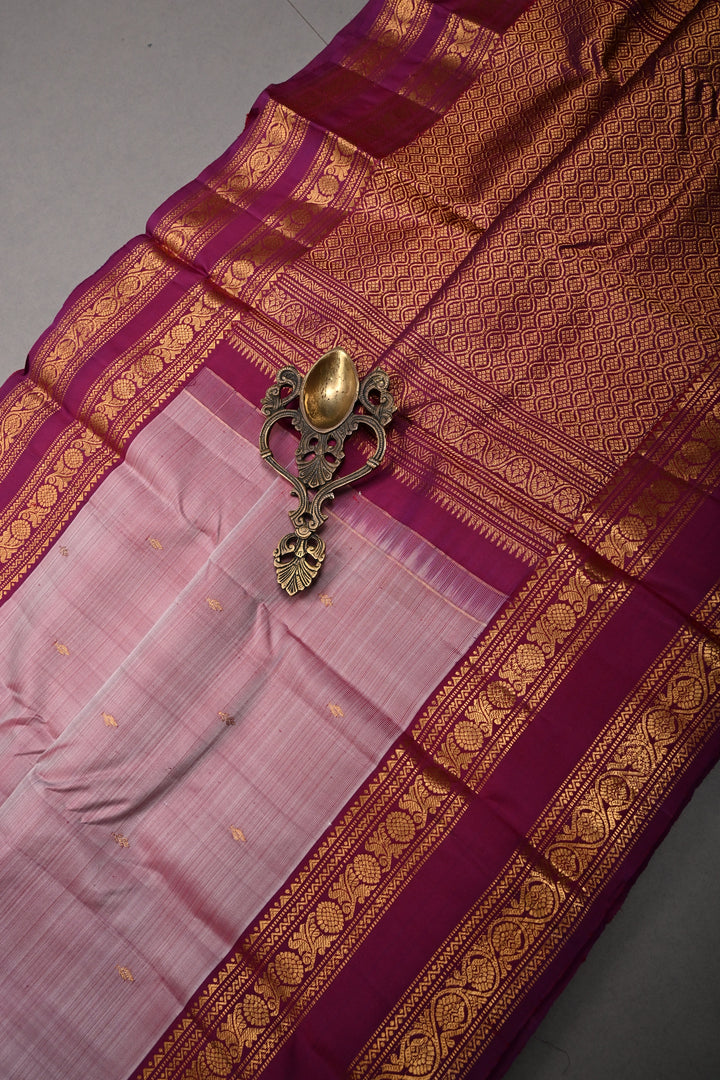 Dusty Mauve Pure Gadwal Silk Saree with Zari Buttis and Contrast Rettaipet Zari Border | SILK MARK CERTIFIED |SHOBITAM