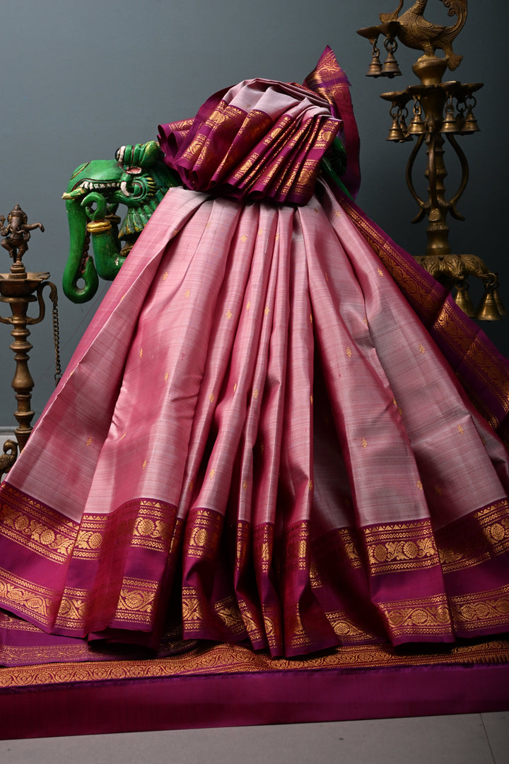 Dusty Mauve Pure Gadwal Silk Saree with Zari Buttis and Contrast Rettaipet Zari Border | SILK MARK CERTIFIED |SHOBITAM