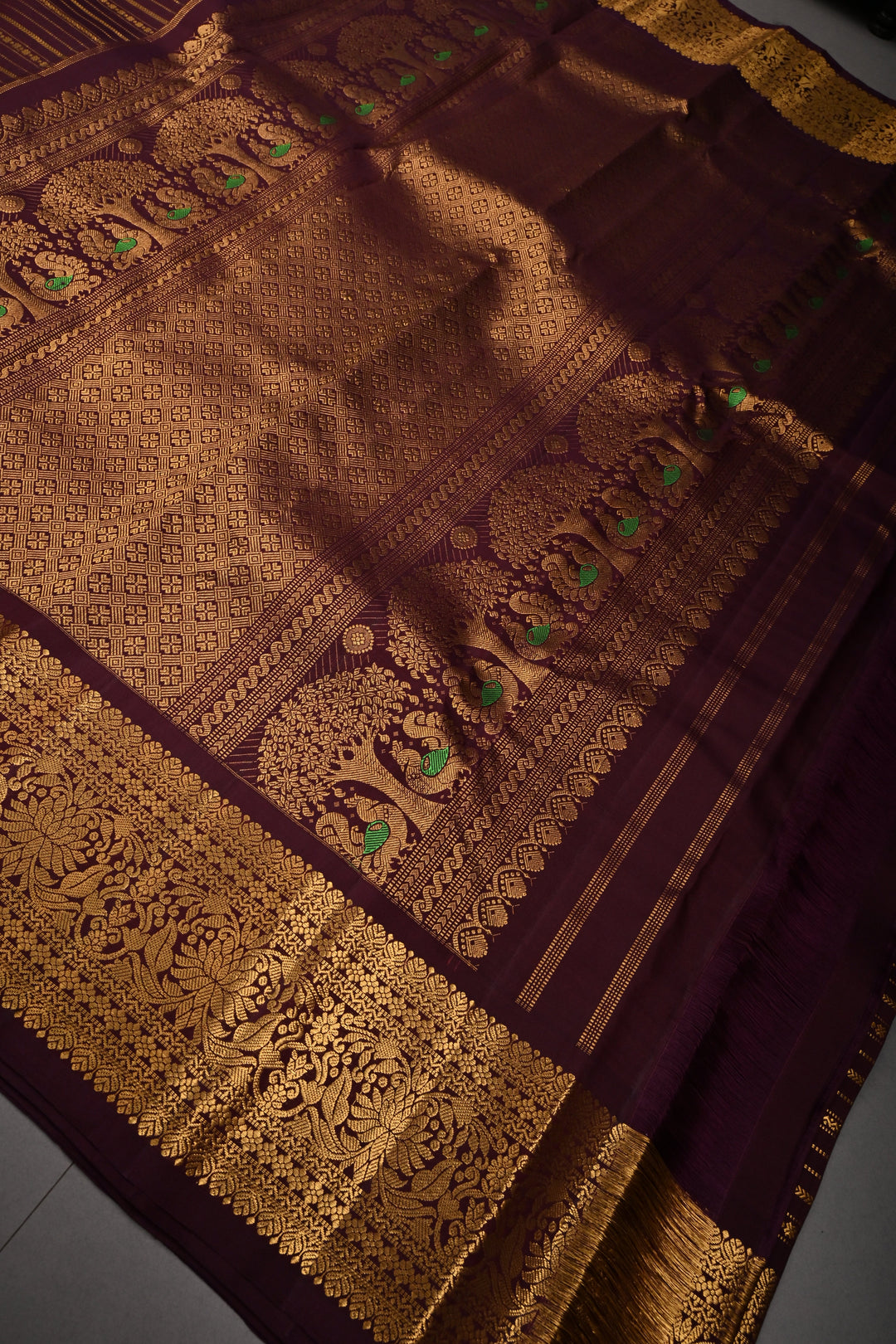 Coffee Brown Pure Gadwal Silk Saree with Horizontal Zari Stripes and Zari Border | SILK MARK CERTIFIED |SHOBITAM