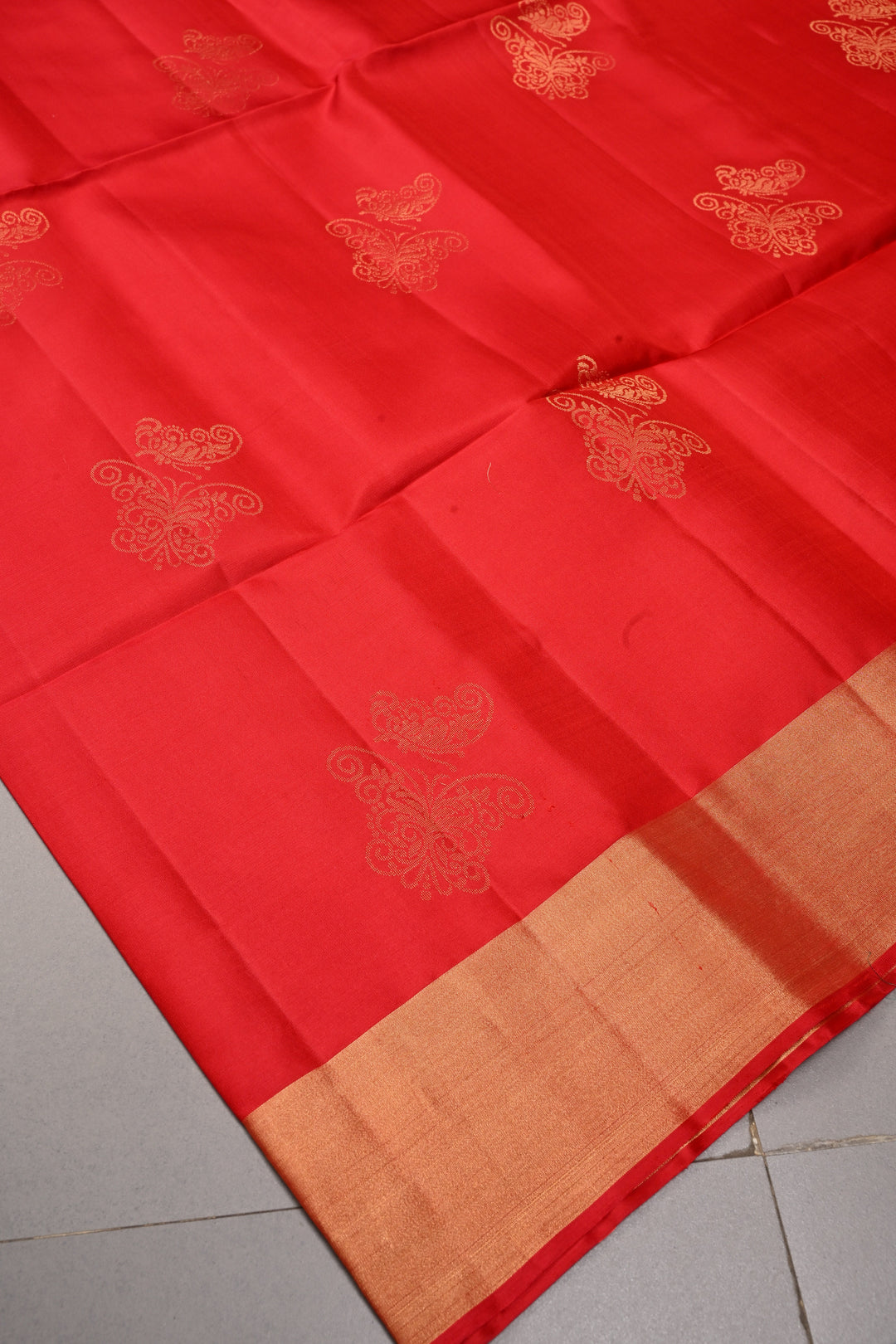 Scarlet Red Kanjivaram Soft Silk Saree with Butterflies Zari Buttas and Tissue Zari Border  | SILK MARK CERTIFIED | SHOBITAM