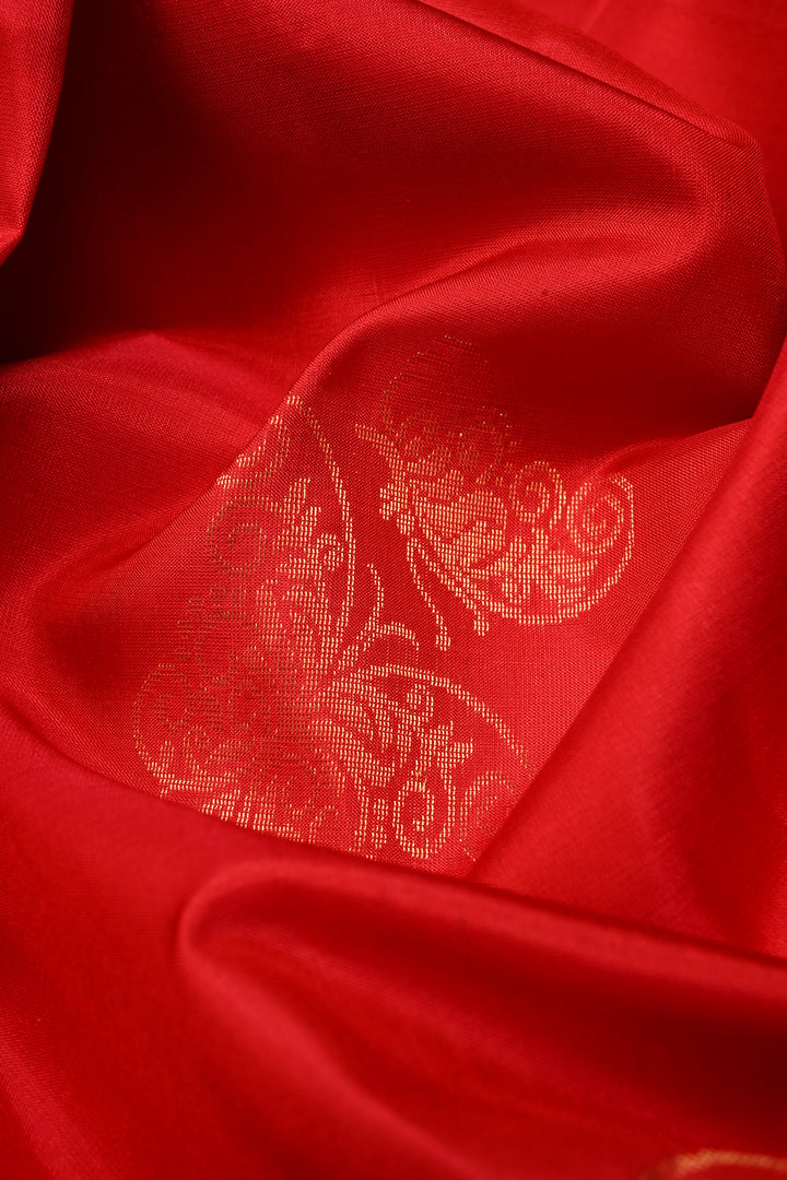 Scarlet Red Kanjivaram Soft Silk Saree with Butterflies Zari Buttas and Tissue Zari Border  | SILK MARK CERTIFIED | SHOBITAM