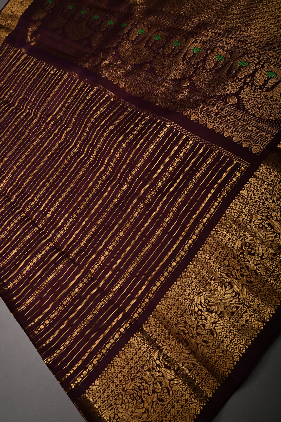 Coffee Brown Pure Gadwal Silk Saree with Horizontal Zari Stripes and Zari Border | SILK MARK CERTIFIED |SHOBITAM
