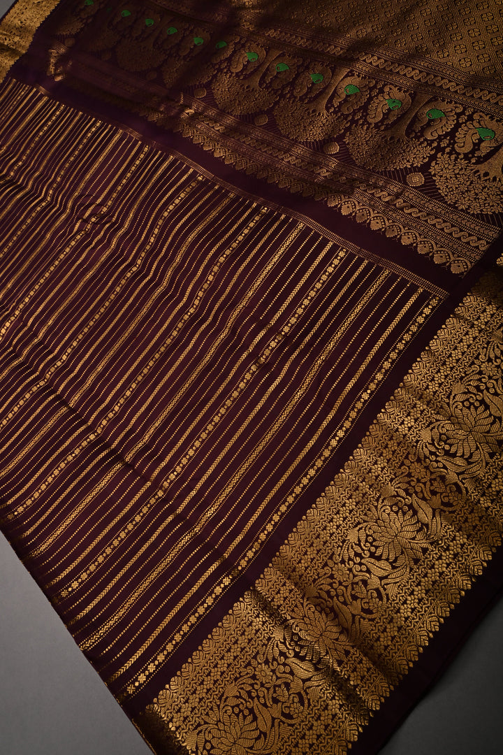Coffee Brown Pure Gadwal Silk Saree with Horizontal Zari Stripes and Zari Border | SILK MARK CERTIFIED |SHOBITAM