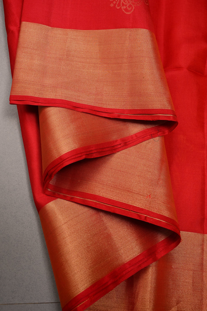 Scarlet Red Kanjivaram Soft Silk Saree with Butterflies Zari Buttas and Tissue Zari Border  | SILK MARK CERTIFIED | SHOBITAM