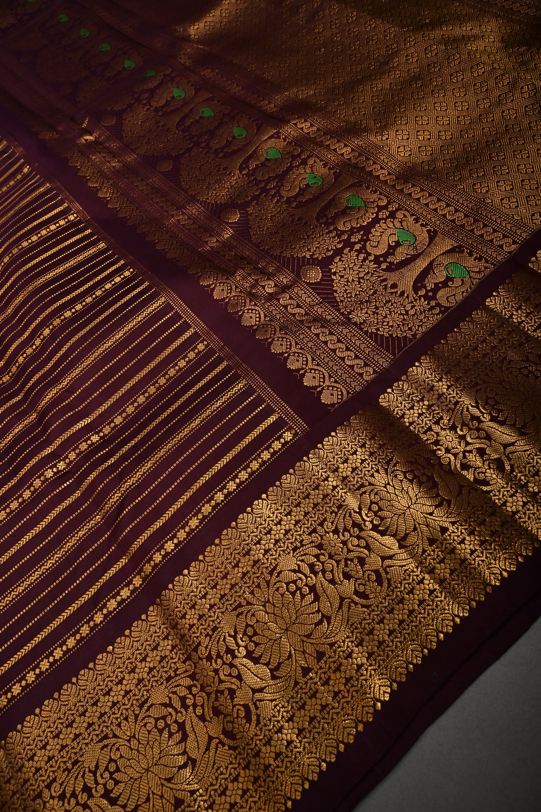Coffee Brown Pure Gadwal Silk Saree with Horizontal Zari Stripes and Zari Border | SILK MARK CERTIFIED |SHOBITAM