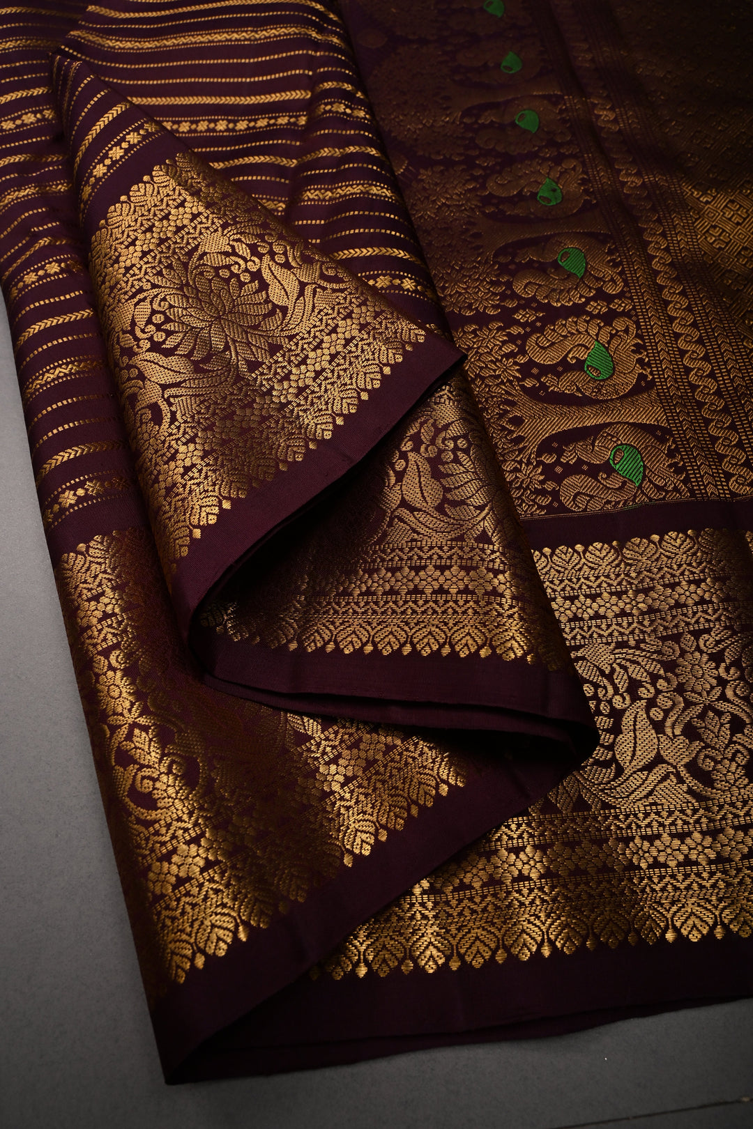 Coffee Brown Pure Gadwal Silk Saree with Horizontal Zari Stripes and Zari Border | SILK MARK CERTIFIED |SHOBITAM
