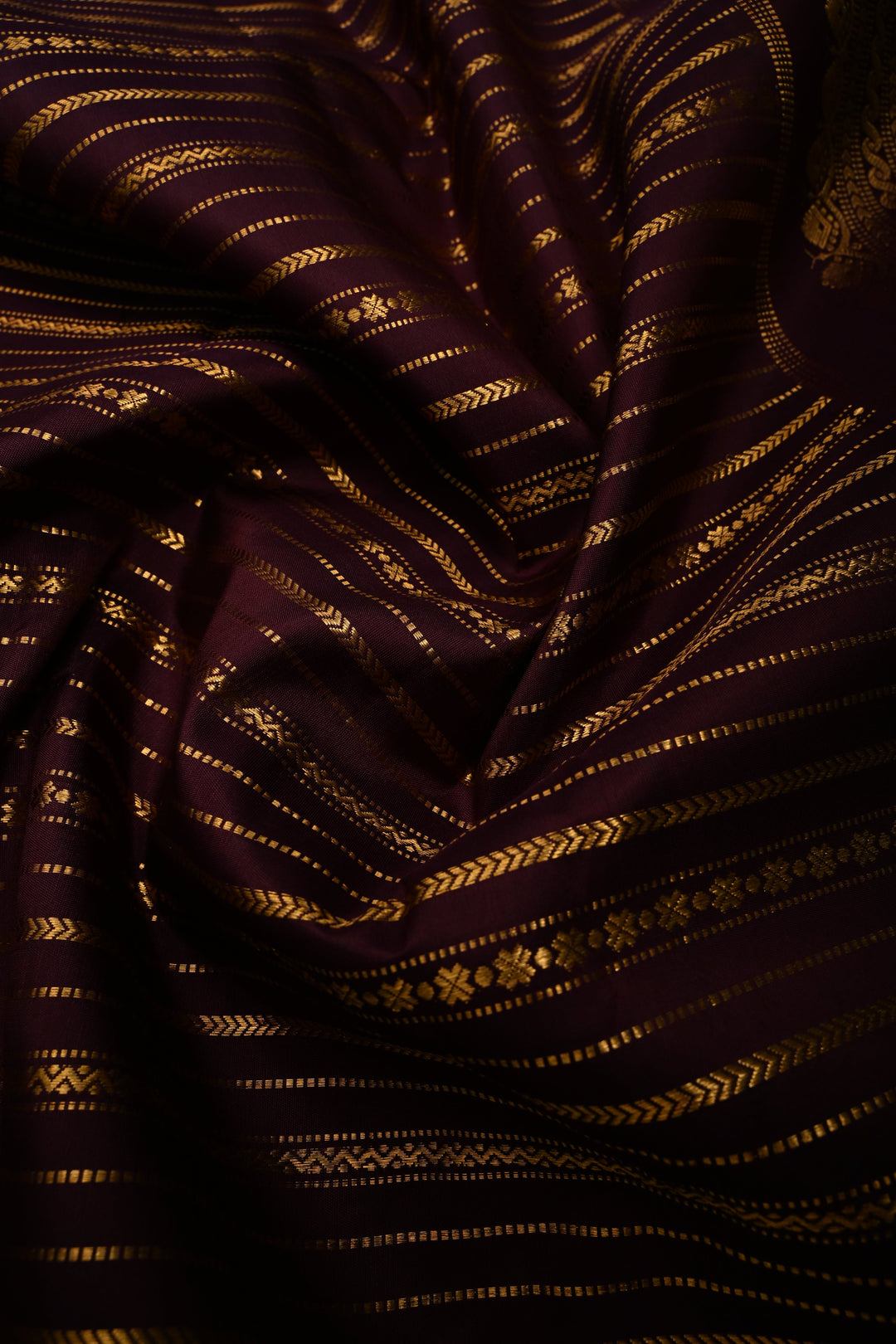 Coffee Brown Pure Gadwal Silk Saree with Horizontal Zari Stripes and Zari Border | SILK MARK CERTIFIED |SHOBITAM