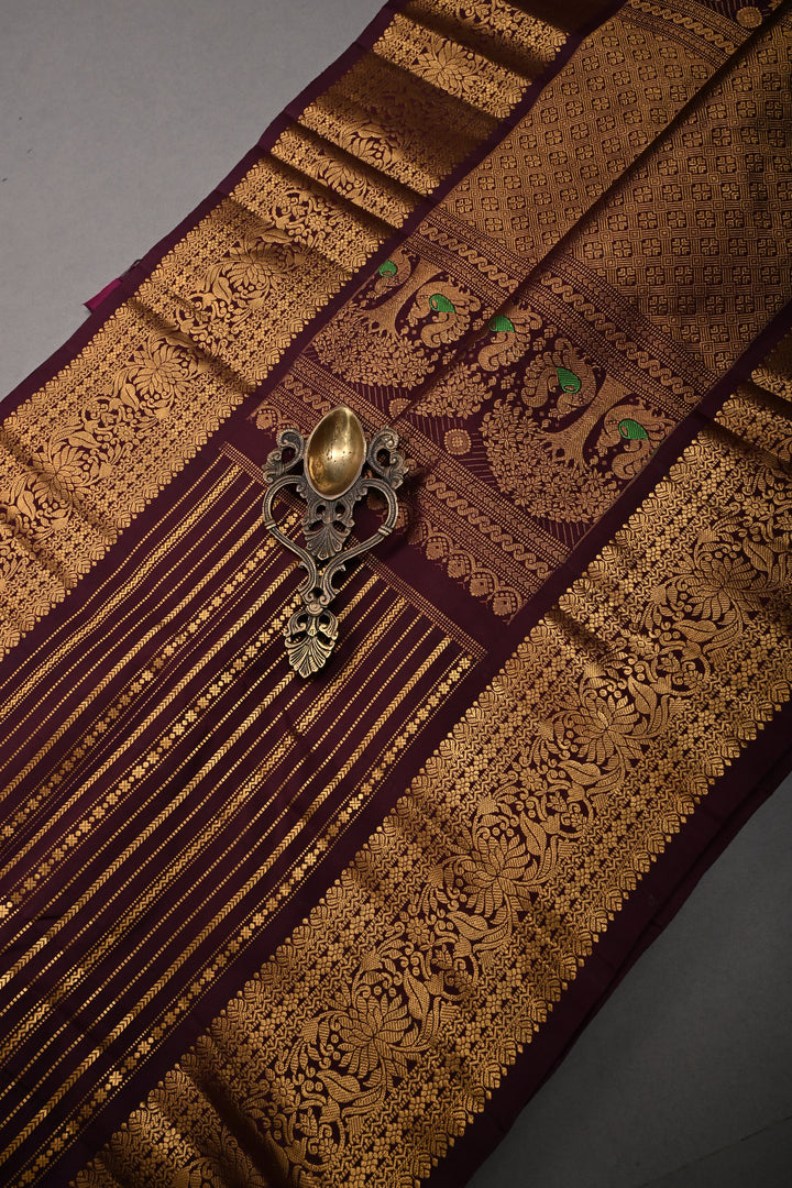 Coffee Brown Pure Gadwal Silk Saree with Horizontal Zari Stripes and Zari Border | SILK MARK CERTIFIED |SHOBITAM