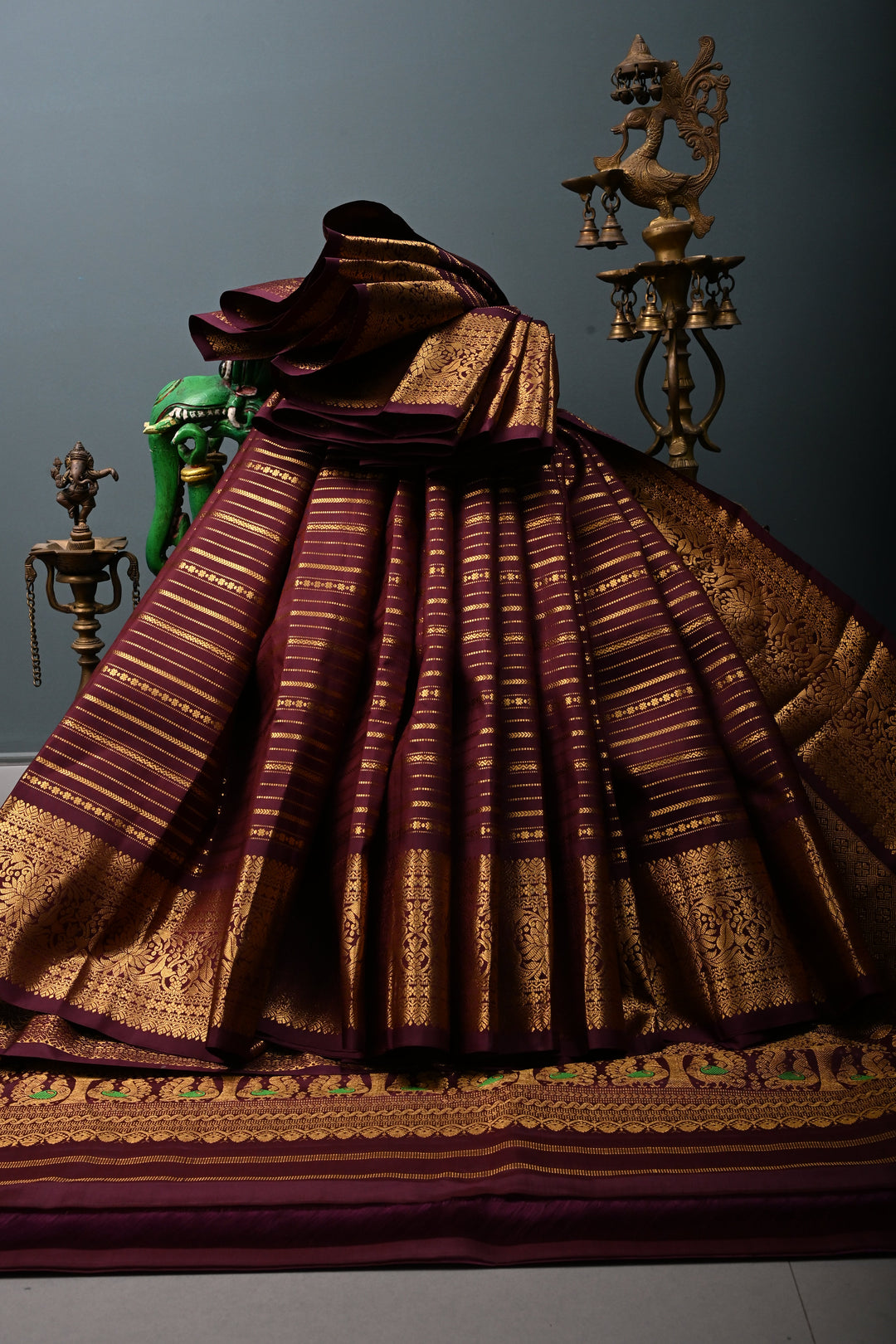 Coffee Brown Pure Gadwal Silk Saree with Horizontal Zari Stripes and Zari Border | SILK MARK CERTIFIED |SHOBITAM