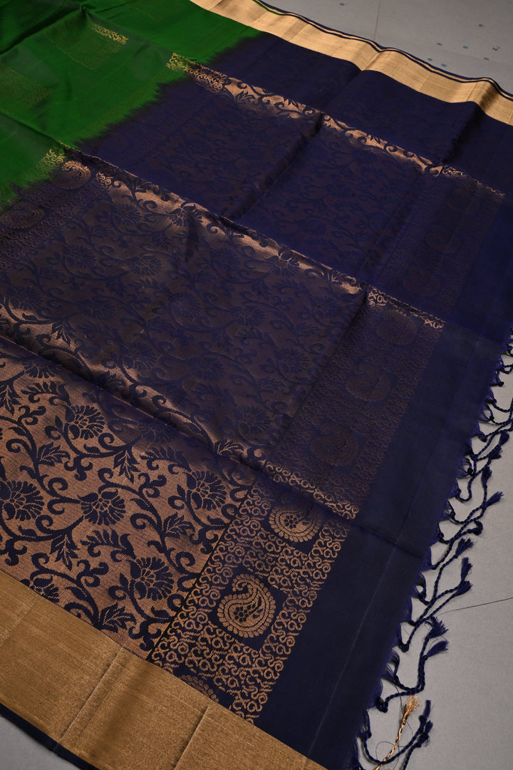 Green Kanjivaram Soft Silk Saree with Paisley Buttas and Zari Border | SILK MARK CERTIFIED | SHOBITAM