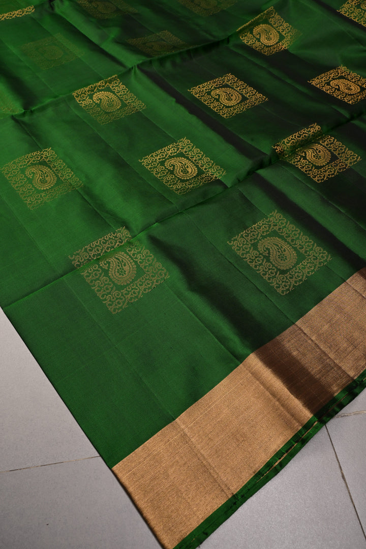 Green Kanjivaram Soft Silk Saree with Paisley Buttas and Zari Border | SILK MARK CERTIFIED | SHOBITAM