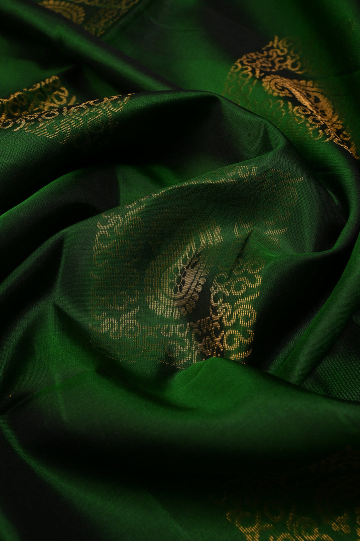 Green Kanjivaram Soft Silk Saree with Paisley Buttas and Zari Border | SILK MARK CERTIFIED | SHOBITAM