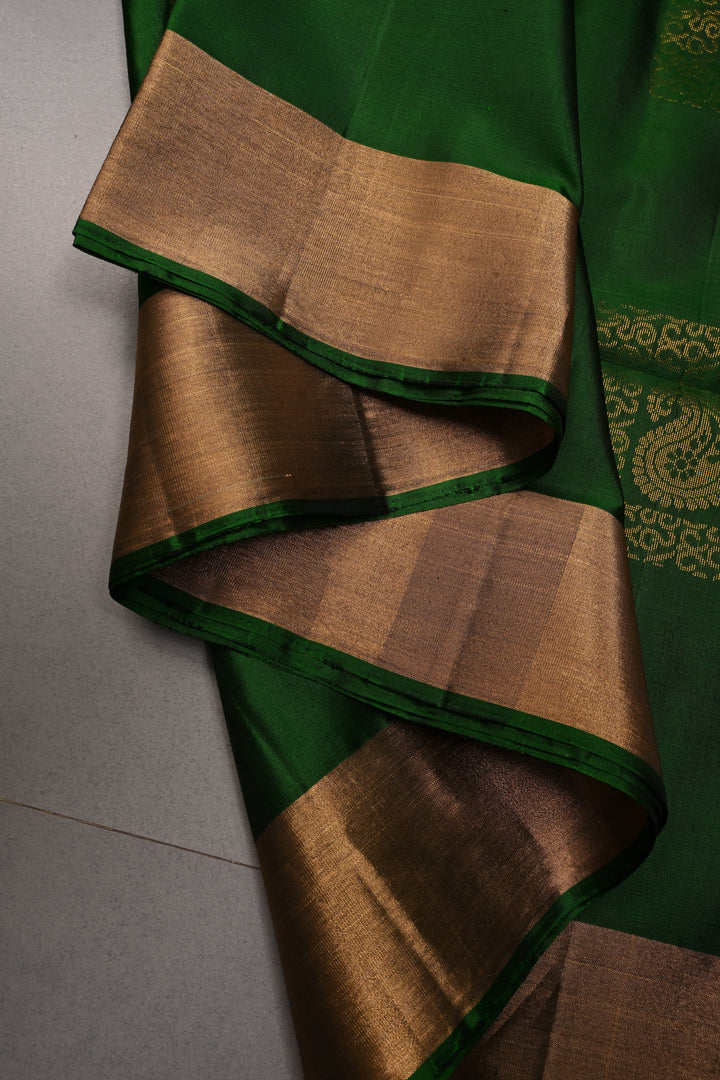 Green Kanjivaram Soft Silk Saree with Paisley Buttas and Zari Border | SILK MARK CERTIFIED | SHOBITAM