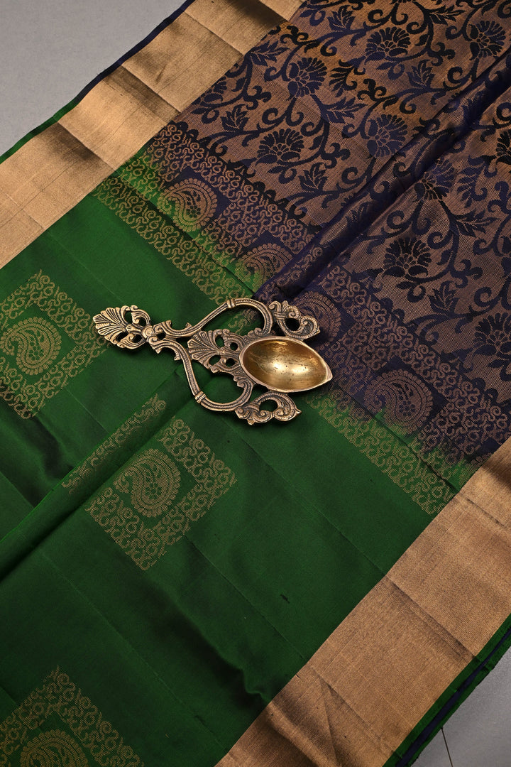 Green Kanjivaram Soft Silk Saree with Paisley Buttas and Zari Border | SILK MARK CERTIFIED | SHOBITAM