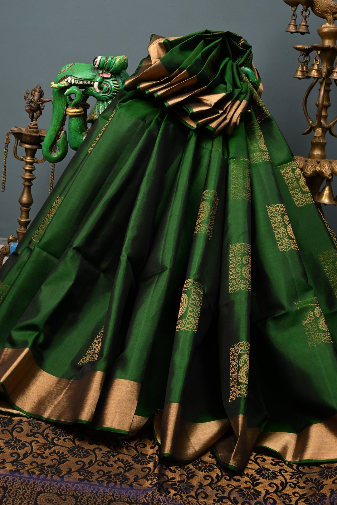 Green Kanjivaram Soft Silk Saree with Paisley Buttas and Zari Border | SILK MARK CERTIFIED | SHOBITAM