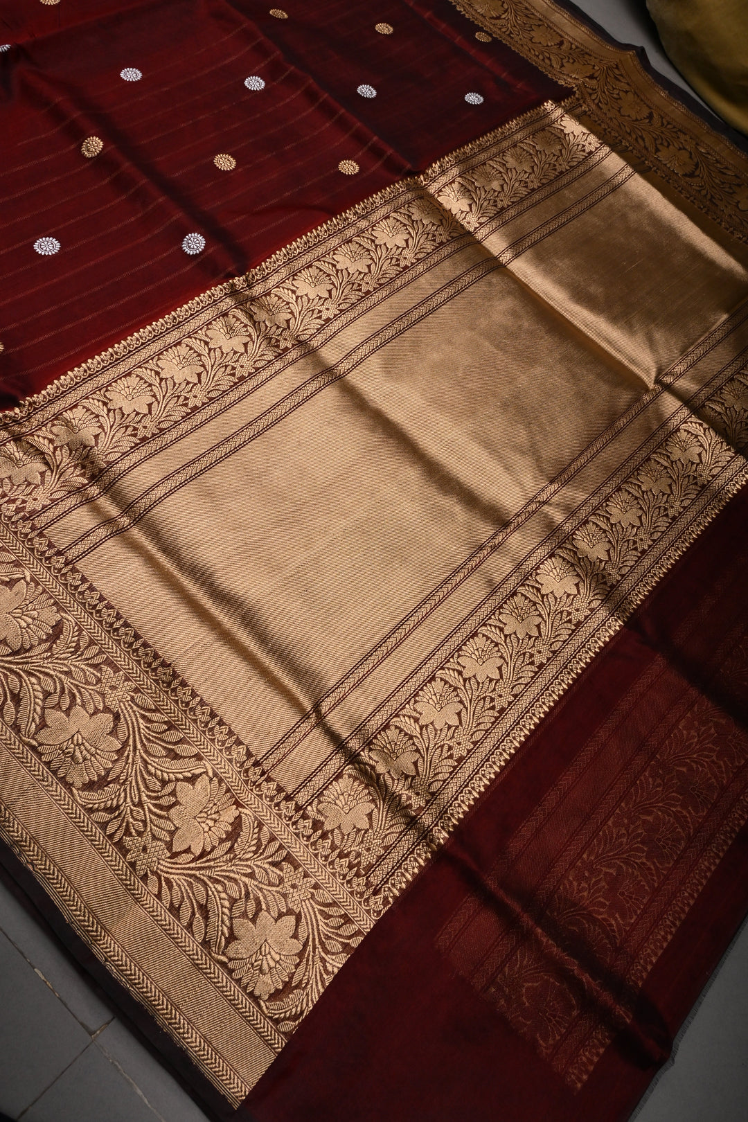 Burgundy Pure Banarasi Kora Silk Saree with Sona Rupa Chakram Zari Buttas and Zari Border | SILK MARK CERTIFIED | SHOBITAM