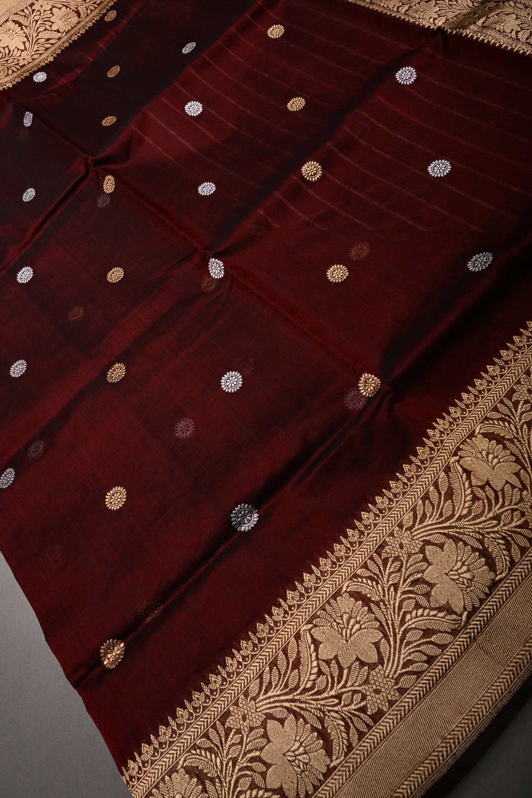 Burgundy Pure Banarasi Kora Silk Saree with Sona Rupa Chakram Zari Buttas and Zari Border | SILK MARK CERTIFIED | SHOBITAM