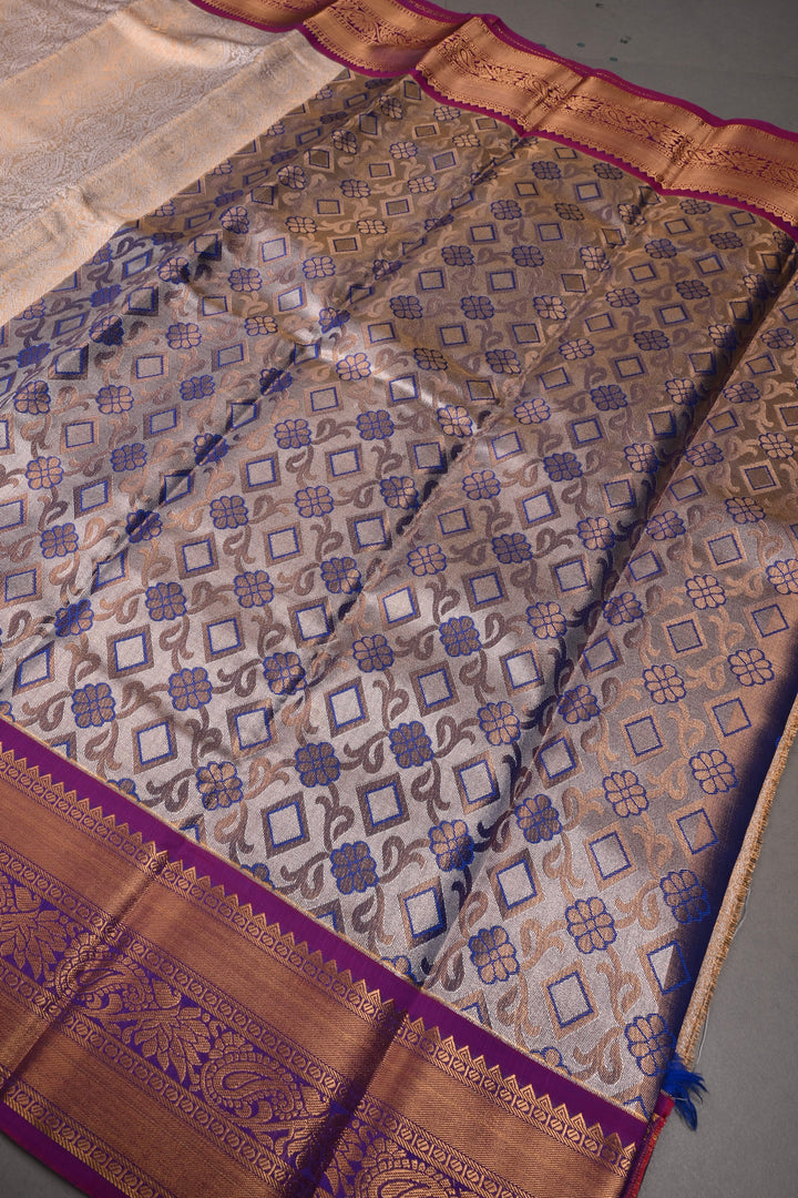 Gold-Ivory Tissue Kanjivaram Soft Semi Silk Saree with Floral Brocade Jaal and Contrast Zari Border | SHOBITAM