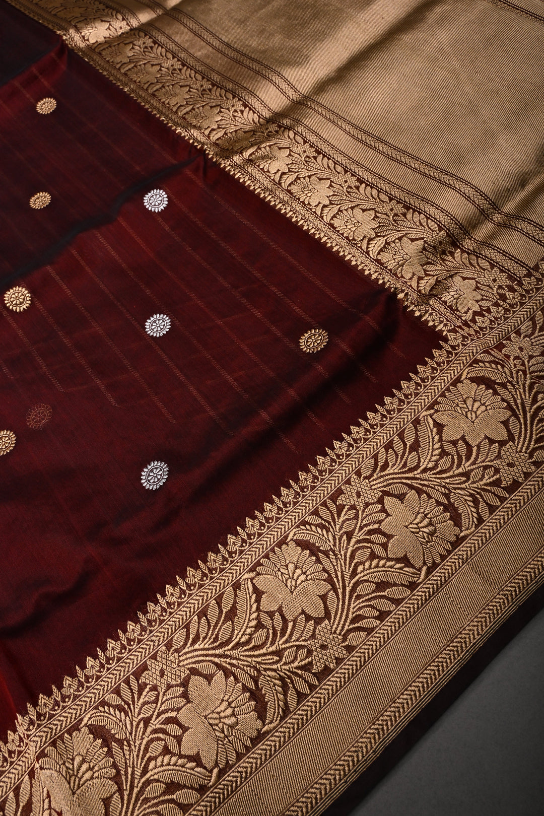 Burgundy Pure Banarasi Kora Silk Saree with Sona Rupa Chakram Zari Buttas and Zari Border | SILK MARK CERTIFIED | SHOBITAM