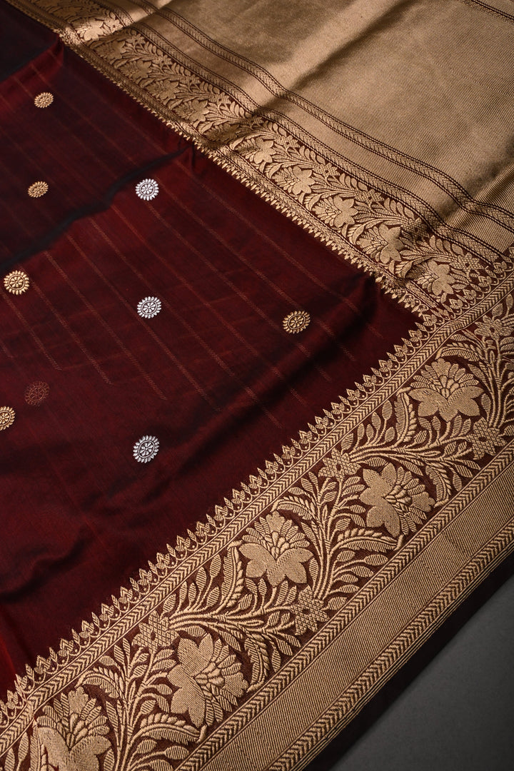 Burgundy Pure Banarasi Kora Silk Saree with Sona Rupa Chakram Zari Buttas and Zari Border | SILK MARK CERTIFIED | SHOBITAM
