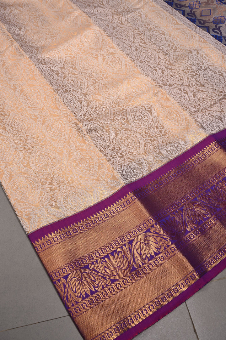 Gold-Ivory Tissue Kanjivaram Soft Semi Silk Saree with Floral Brocade Jaal and Contrast Zari Border | SHOBITAM