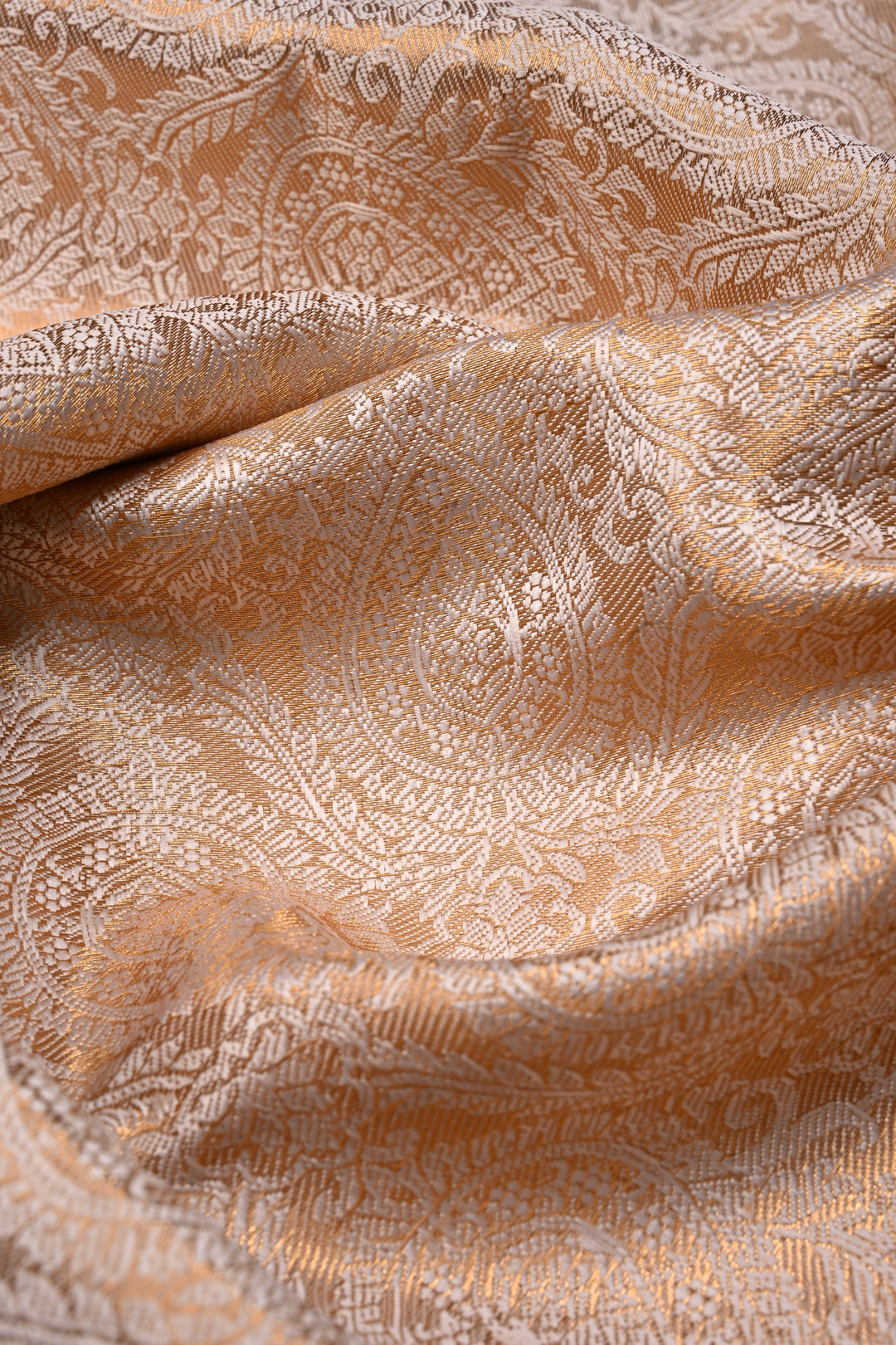 Gold-Ivory Tissue Kanjivaram Soft Semi Silk Saree with Floral Brocade Jaal and Contrast Zari Border | SHOBITAM