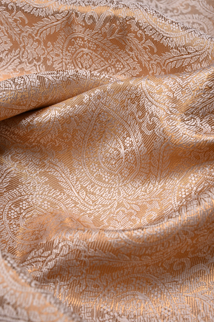 Gold-Ivory Tissue Kanjivaram Soft Semi Silk Saree with Floral Brocade Jaal and Contrast Zari Border | SHOBITAM