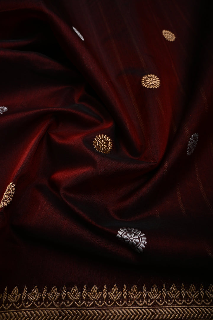 Burgundy Pure Banarasi Kora Silk Saree with Sona Rupa Chakram Zari Buttas and Zari Border | SILK MARK CERTIFIED | SHOBITAM